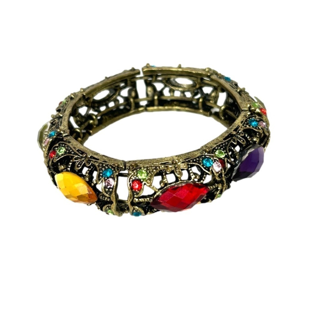 Vintage Filigree Metal Worked Bangle With Colourful Gems